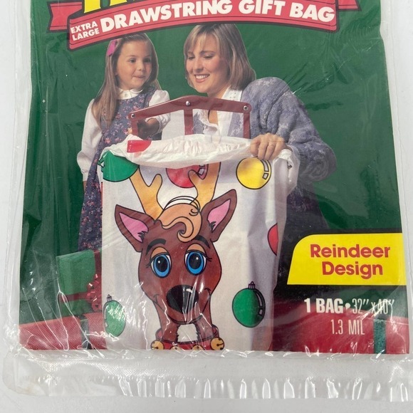 VINTAGE Lot of 4 Glad Santa's Helper XL Drawstring Gift Bag Reindeer 32" x 40" - Picture 2 of 9